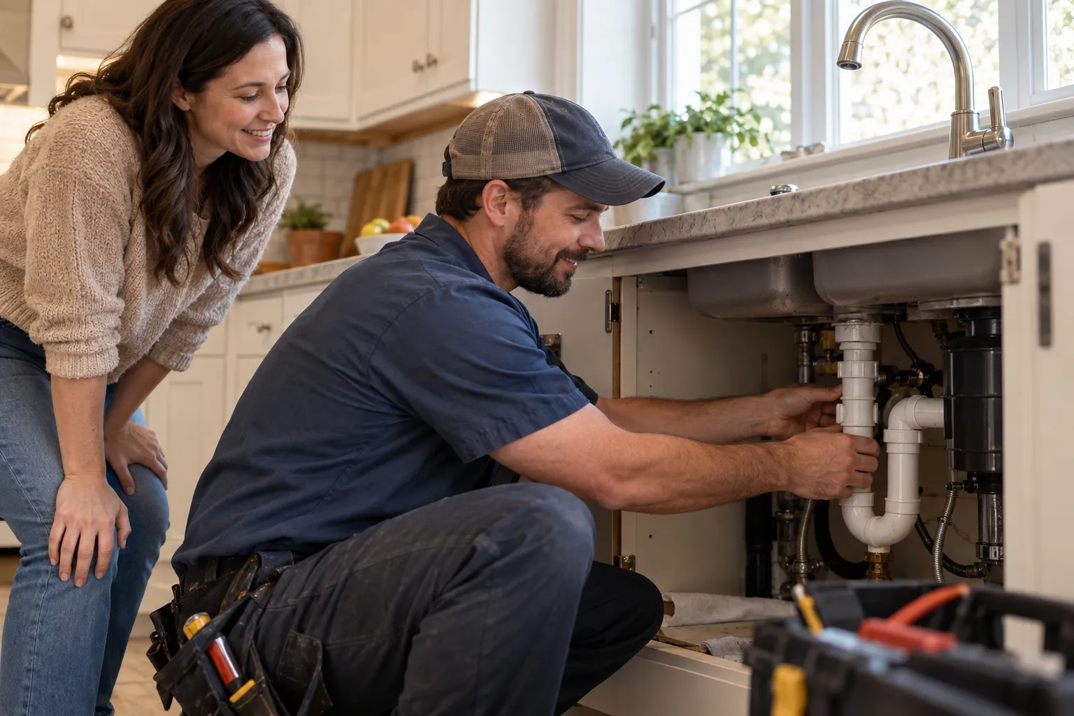 A provider checking under a kitchen sink for a leak